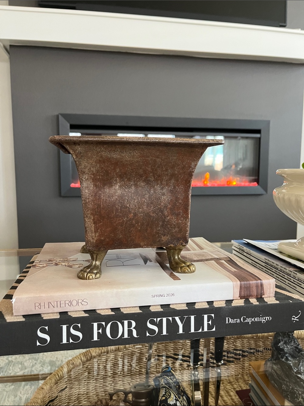 Rustic Brown Metal Planter with Brass Claw Feet
